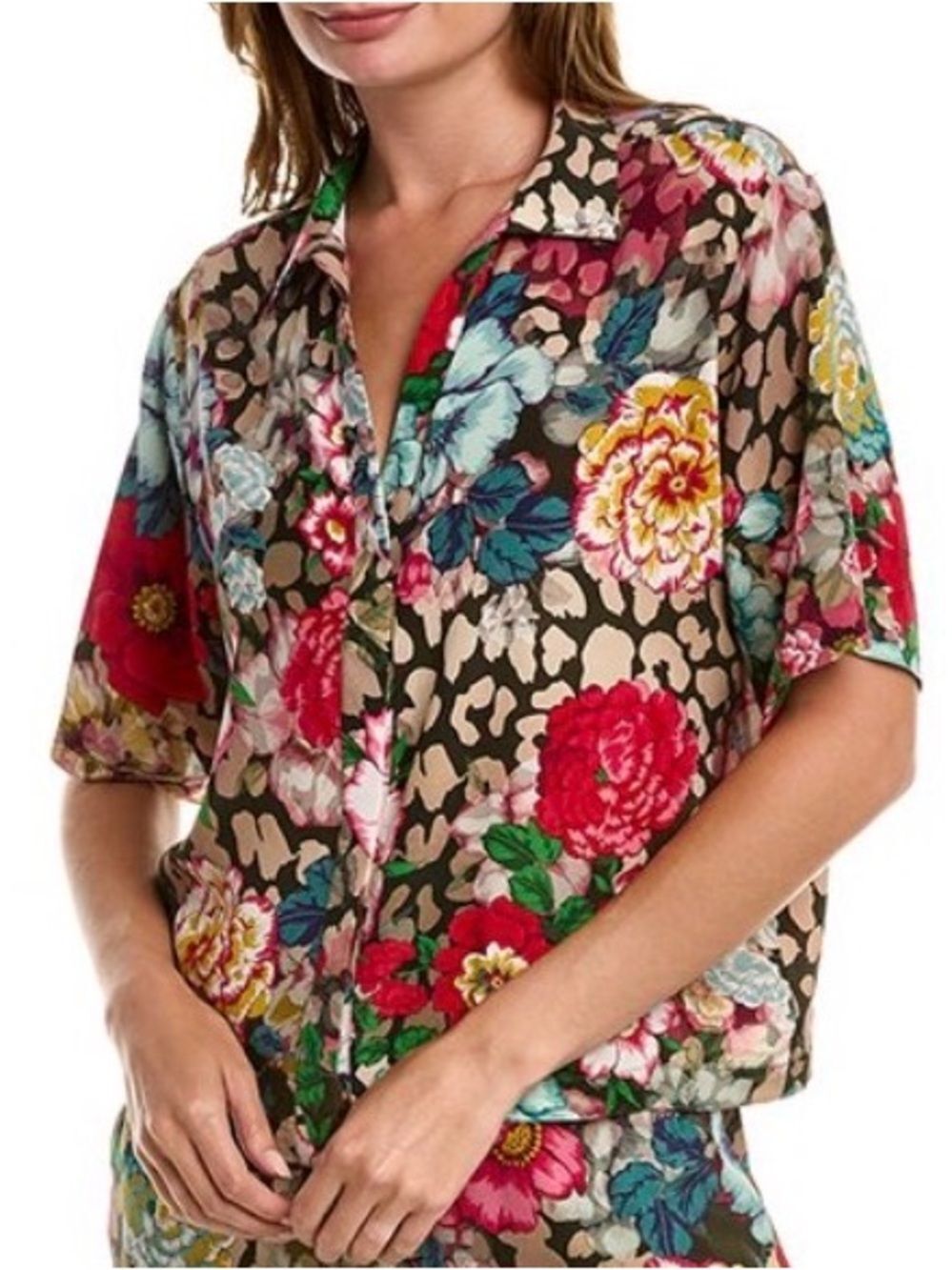 Johnny Was Brooklyn 100% Silk Pajama Top Sleep Shirt Boho Floral size large